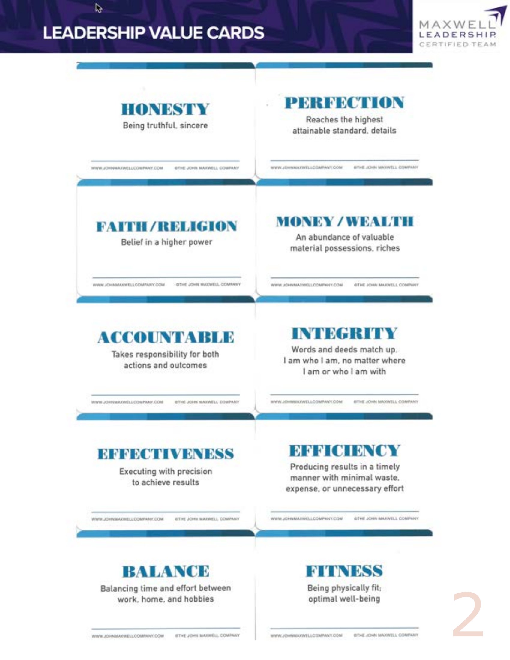 Sheet 2 of 4: Honesty · Perfection · Faith · Money / Wealth · Accountable · Integrity · Effectiveness · Efficiency · Balance · Fitness