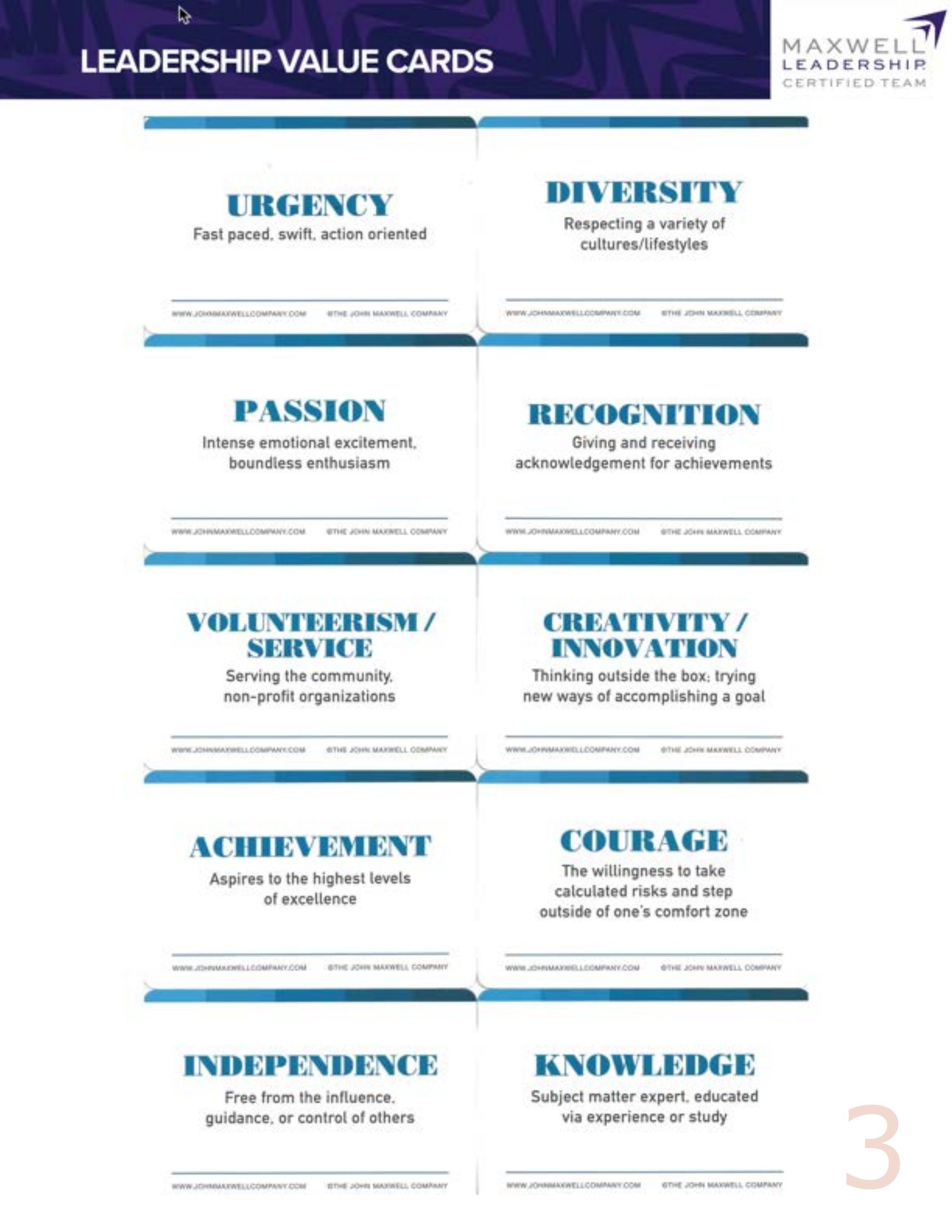 Sheet 3 of 4: 10 more values including: Courage · Discipline · Clarity · Stewardship